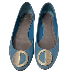 Versace collection logo plate flats blue suede Sz 8